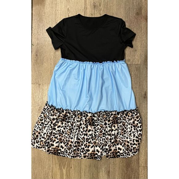 New Fashion Blue and Cheetah Print Tiered Dress L New - Picture 1 of 6